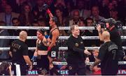 15 November 2024; Katie Taylor and Amanda Serrano following their undisputed super lightweight championship fight at AT&T Stadium in Arlington, Texas, USA, also pictured are Katie Taylor's manager Brian Peters and Jordan Maldonado, manager of Amanda Serrano, right. Photo by Stephen McCarthy/Sportsfile Photo by Stephen McCarthy/Sportsfile