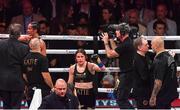 15 November 2024; Katie Taylor and Amanda Serrano following their undisputed super lightweight championship fight at AT&T Stadium in Arlington, Texas, USA, also pictured are Katie Taylor's manager Brian Peters and Jordan Maldonado, manager of Amanda Serrano, right. Photo by Stephen McCarthy/Sportsfile Photo by Stephen McCarthy/Sportsfile