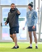 26 November 2024; Head coach Andy Farrell in conversation with Sam Prendergast during an Ireland Rugby training session at the IRFU High Performance Centre in Dublin. Photo by Ramsey Cardy/Sportsfile