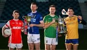 26 November 2024; In attendance at the launch of the AIB GAA Leinster Senior Club Championship Finals at Cedral St Conleth's Park in Newbridge, Kildare, are, from left, Cuala footballer Luke Keating, St Mary's Ardee footballer Robert Leavy, Kilcormac Killoughey hurler Conor Slevin and Na Fianna hurler Kevin Burke. Photo by Brendan Moran/Sportsfile