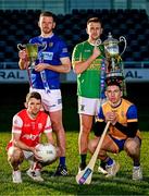 26 November 2024; In attendance at the launch of the AIB GAA Leinster Senior Club Championship Finals at Cedral St Conleth's Park in Newbridge, Kildare, are clockwise, from left, Cuala footballer Luke Keating, St Mary's Ardee footballer Robert Leavy, Kilcormac Killoughey hurler Conor Slevin and Na Fianna hurler Kevin Burke. Photo by Brendan Moran/Sportsfile