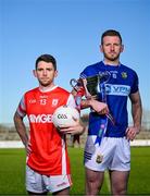 26 November 2024; Cuala footballer Luke Keating, left, and St Mary's Ardee footballer Robert Leavy with the Sean McCabe cup at the launch of the AIB GAA Leinster Senior Club Championship Finals at Cedral St Conleth's Park in Newbridge, Kildare. Photo by Brendan Moran/Sportsfile
