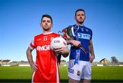 26 November 2024; Cuala footballer Luke Keating, left, and St Mary's Ardee footballer Robert Leavy with the Sean McCabe cup at the launch of the AIB GAA Leinster Senior Club Championship Finals at Cedral St Conleth's Park in Newbridge, Kildare. Photo by Brendan Moran/Sportsfile