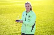 26 November 2024; Heather Payne with her Women's Young Player of the Year award after a Republic of Ireland women training session at the FAI National Training Centre in Abbotstown, Dublin. Photo by Stephen McCarthy/Sportsfile