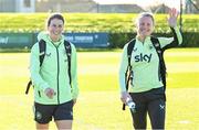 26 November 2024; Niamh Fahey, left, and Amber Barrett arrive for a Republic of Ireland women training session at the FAI National Training Centre in Abbotstown, Dublin. Photo by Stephen McCarthy/Sportsfile