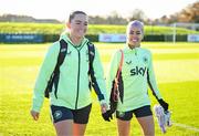 26 November 2024; Jessie Stapleton and Denise O'Sullivan, right, arrive for a Republic of Ireland women training session at the FAI National Training Centre in Abbotstown, Dublin. Photo by Stephen McCarthy/Sportsfile