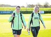 26 November 2024; Niamh Fahey, left, and Amber Barrett arrive for a Republic of Ireland women training session at the FAI National Training Centre in Abbotstown, Dublin. Photo by Stephen McCarthy/Sportsfile