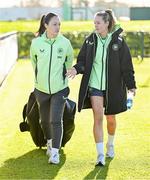 26 November 2024; Megan Campbell, left, and Heather Payne arrive for a Republic of Ireland women training session at the FAI National Training Centre in Abbotstown, Dublin. Photo by Stephen McCarthy/Sportsfile