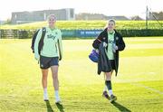 26 November 2024; Anna Patten, left, and Ruesha Littlejohn arrive for a Republic of Ireland women training session at the FAI National Training Centre in Abbotstown, Dublin. Photo by Stephen McCarthy/Sportsfile