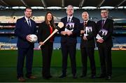 27 November 2024; In attendance at the launch of the Economic Impact and Social Value report on Gaelic Games, at Croke Park in Dublin, are, from left, Uachtarán Cumann Peil Gael na mBan, Mícheál Naughton, Ard Stiúrthóir of the Camogie Association Sinéad McNulty, Uachtarán Chumann Lúthchleas Gael Jarlath Burns, Professor Simon Shibli, head of the Sports Industry Research Centre at Sheffield Hallam University, and Ard Stiúrthóir of the GAA Tom Ryan. Photo by Seb Daly/Sportsfile