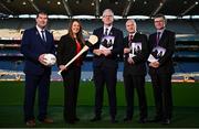 27 November 2024; In attendance at the launch of the Economic Impact and Social Value report on Gaelic Games, at Croke Park in Dublin, are, from left, Uachtarán Cumann Peil Gael na mBan, Mícheál Naughton, Ard Stiúrthóir of the Camogie Association Sinéad McNulty, Uachtarán Chumann Lúthchleas Gael Jarlath Burns, Professor Simon Shibli, head of the Sports Industry Research Centre at Sheffield Hallam University, and Ard Stiúrthóir of the GAA Tom Ryan. Photo by Seb Daly/Sportsfile