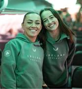 27 November 2024; Katie McCabe, left, and Anna Patten of Republic of Ireland at Dublin Airport ahead of the team's departure to Cardiff for their UEFA Women's EURO 2025 Play-off round two first leg match against Wales on Friday. Photo by Stephen McCarthy/Sportsfile