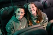 27 November 2024; Marissa Sheva, left, and Courtney Brosnan of Republic of Ireland at Dublin Airport ahead of the team's departure to Cardiff for their UEFA Women's EURO 2025 Play-off round two first leg match against Wales on Friday. Photo by Stephen McCarthy/Sportsfile