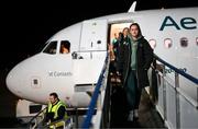 27 November 2024; Republic of Ireland's Heather Payne on the team's arrival at Cardiff Airport ahead of their UEFA Women's EURO 2025 Play-off second round first leg match against Wales on Friday. Photo by Stephen McCarthy/Sportsfile