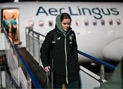 27 November 2024; Republic of Ireland's Tyler Toland on the team's arrival at Cardiff Airport ahead of their UEFA Women's EURO 2025 Play-off second round first leg match against Wales on Friday. Photo by Stephen McCarthy/Sportsfile