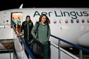 27 November 2024; Republic of Ireland's Kyra Carusa on the team's arrival at Cardiff Airport ahead of their UEFA Women's EURO 2025 Play-off second round first leg match against Wales on Friday. Photo by Stephen McCarthy/Sportsfile