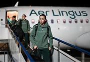27 November 2024; Republic of Ireland's Abbie Larkin on the team's arrival at Cardiff Airport ahead of their UEFA Women's EURO 2025 Play-off second round first leg match against Wales on Friday. Photo by Stephen McCarthy/Sportsfile
