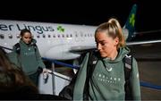 27 November 2024; Republic of Ireland's Jessie Stapleton on the team's arrival at Cardiff Airport ahead of their UEFA Women's EURO 2025 Play-off second round first leg match against Wales on Friday. Photo by Stephen McCarthy/Sportsfile