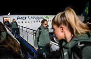 27 November 2024; Republic of Ireland's Julie-Ann Russell on the team's arrival at Cardiff Airport ahead of their UEFA Women's EURO 2025 Play-off second round first leg match against Wales on Friday. Photo by Stephen McCarthy/Sportsfile