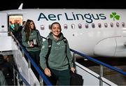 27 November 2024; Republic of Ireland's Katie McCabe on the team's arrival at Cardiff Airport ahead of their UEFA Women's EURO 2025 Play-off second round first leg match against Wales on Friday. Photo by Stephen McCarthy/Sportsfile