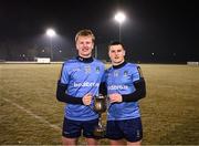27 November 2024; UCD players Senan Shields, left, and Niall Hurley after their side's victory in the HE GAA Freshers Football League Division 1 final match between UCD and UL at Billings Park in UCD, Dublin. Photo by Piaras Ó Mídheach/Sportsfile