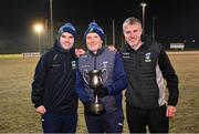 27 November 2024; UCD backroom team members, from left, UCD GAA development officer Josh Warde, manager Tony Dunne and selector Colm Riddell after their side's victory in the HE GAA Freshers Football League Division 1 final match between UCD and UL at Billings Park in UCD, Dublin. Photo by Piaras Ó Mídheach/Sportsfile