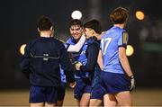 27 November 2024; UCD captain David O'Rourke, centre, celebrates with team-mats after victory in the HE GAA Freshers Football League Division 1 final match between UCD and UL at Billings Park in UCD, Dublin. Photo by Piaras Ó Mídheach/Sportsfile