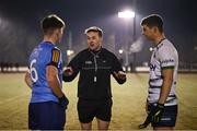 27 November 2024; Referee Alan Coyne with team captains David O'Rourke of UCD and Seán O'Connor of UL before the HE GAA Freshers Football League Division 1 final match between UCD and UL at Billings Park in UCD, Dublin. Photo by Piaras Ó Mídheach/Sportsfile