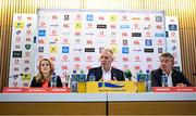28 November 2024; IRFU chief executive officer Kevin Potts, centre, with chief financial officer Thelma O'Driscoll, left, and chief commercial officer Padraig Power, right, during the IRFU Continuation AGM media conference at the Aviva Stadium in Dublin. Photo by Seb Daly/Sportsfile