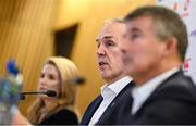 28 November 2024; IRFU chief executive officer Kevin Potts, centre, with chief financial officer Thelma O'Driscoll, left, and chief commercial officer Padraig Power, right, during the IRFU Continuation AGM media conference at the Aviva Stadium in Dublin. Photo by Seb Daly/Sportsfile