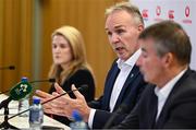 28 November 2024; IRFU chief executive officer Kevin Potts, centre, with chief financial officer Thelma O'Driscoll, left, and chief commercial officer Padraig Power, right, during the IRFU Continuation AGM media conference at the Aviva Stadium in Dublin. Photo by Seb Daly/Sportsfile