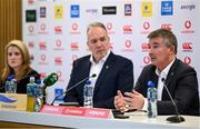 28 November 2024; IRFU chief commercial officer Padraig Power, right, with chief executive officer Kevin Potts, centre, and chief financial officer Thelma O'Driscoll, left, during the IRFU Continuation AGM media conference at the Aviva Stadium in Dublin. Photo by Seb Daly/Sportsfile