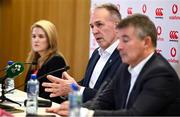 28 November 2024; IRFU chief executive officer Kevin Potts, centre, with chief financial officer Thelma O'Driscoll, left, and chief commercial officer Padraig Power, right, during the IRFU Continuation AGM media conference at the Aviva Stadium in Dublin. Photo by Seb Daly/Sportsfile