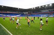 28 November 2024; A general view during a Republic of Ireland women training session, as Julie-Ann Russell takes possession, at Cardiff City Stadium in Wales. Photo by Stephen McCarthy/Sportsfile