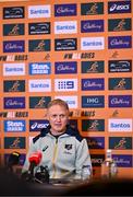 28 November 2024; Head coach Joe Schmidt speaks to the press during an Australia Rugby media conference at the Radisson St Helen's Hotel in Dublin. Photo by Ben McShane/Sportsfile
