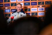 28 November 2024; Head coach Joe Schmidt speaks to the press during an Australia Rugby media conference at the Radisson St Helen's Hotel in Dublin. Photo by Ben McShane/Sportsfile