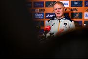 28 November 2024; Head coach Joe Schmidt speaks to the press during an Australia Rugby media conference at the Radisson St Helen's Hotel in Dublin. Photo by Ben McShane/Sportsfile