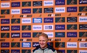 28 November 2024; Head coach Joe Schmidt speaks to the press during an Australia Rugby media conference at the Radisson St Helen's Hotel in Dublin. Photo by Ben McShane/Sportsfile