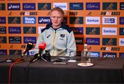 28 November 2024; Head coach Joe Schmidt speaks to the press during an Australia Rugby media conference at the Radisson St Helen's Hotel in Dublin. Photo by Ben McShane/Sportsfile