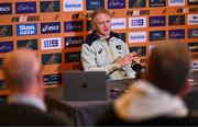 28 November 2024; Head coach Joe Schmidt speaks to the press during an Australia Rugby media conference at the Radisson St Helen's Hotel in Dublin. Photo by Ben McShane/Sportsfile