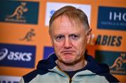 28 November 2024; Head coach Joe Schmidt speaks to the press during an Australia Rugby media conference at the Radisson St Helen's Hotel in Dublin. Photo by Ben McShane/Sportsfile