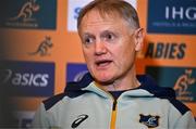 28 November 2024; Head coach Joe Schmidt speaks to the press during an Australia Rugby media conference at the Radisson St Helen's Hotel in Dublin. Photo by Ben McShane/Sportsfile