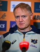 28 November 2024; Head coach Joe Schmidt speaks to the press during an Australia Rugby media conference at the Radisson St Helen's Hotel in Dublin. Photo by Ben McShane/Sportsfile