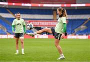 28 November 2024; Kyra Carusa and Abbie Larkin, left, during a Republic of Ireland women training session at Cardiff City Stadium in Wales. Photo by Stephen McCarthy/Sportsfile