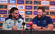 28 November 2024; Tom Wright, left, and James Slipper share a joke during an Australia Rugby media conference at the Radisson St Helen's Hotel in Dublin. Photo by Ben McShane/Sportsfile