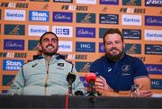 28 November 2024; Tom Wright, left, and James Slipper share a joke during an Australia Rugby media conference at the Radisson St Helen's Hotel in Dublin. Photo by Ben McShane/Sportsfile