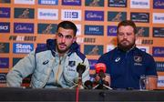 28 November 2024; Tom Wright, left, and James Slipper speak to the press during an Australia Rugby media conference at the Radisson St Helen's Hotel in Dublin. Photo by Ben McShane/Sportsfile