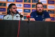 28 November 2024; Tom Wright, left, and James Slipper speak to the press during an Australia Rugby media conference at the Radisson St Helen's Hotel in Dublin. Photo by Ben McShane/Sportsfile