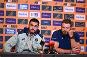 28 November 2024; Tom Wright, left, and James Slipper speak to the press during an Australia Rugby media conference at the Radisson St Helen's Hotel in Dublin. Photo by Ben McShane/Sportsfile