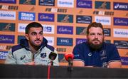 28 November 2024; Tom Wright, left, and James Slipper speak to the press during an Australia Rugby media conference at the Radisson St Helen's Hotel in Dublin. Photo by Ben McShane/Sportsfile